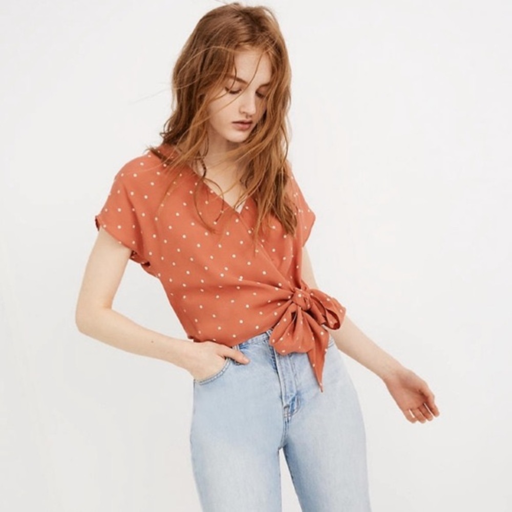 Madewell Sash-Tie Wrap Top in Polka Dot Orange White Print Blouse Size XXS